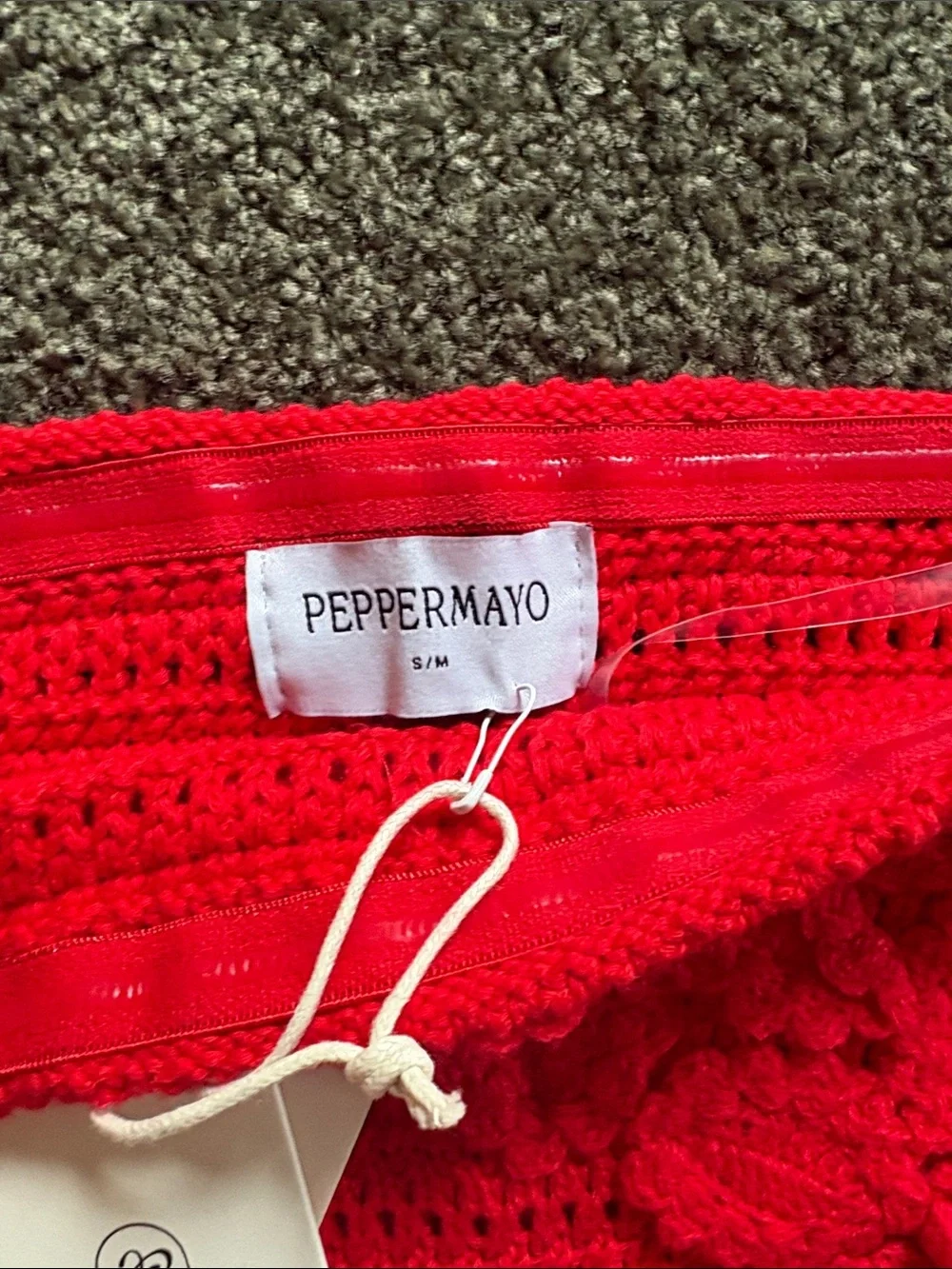 Peppermayo Bright Red Strapless Crochet Mini Dress with Floral Appliqué